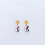 Monet Style Rose Garden Solid S925 Silver Natural Pearl Earrings， Hand-painted Pearls